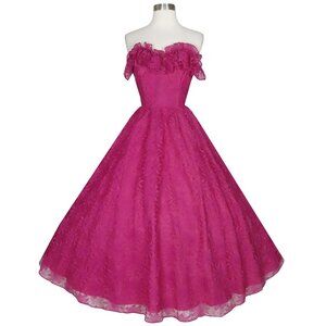 Vintage 70s 80s Pink Magenta Strapless Ruffle Floral Lace Prom Party Dress S Sml